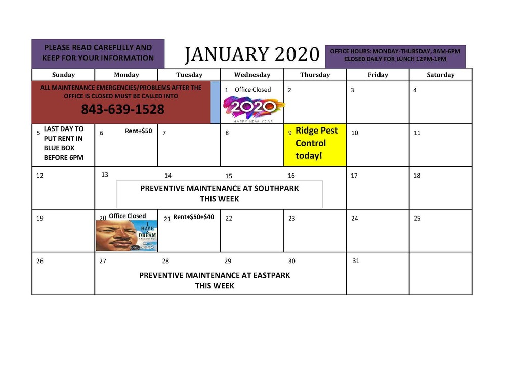 2020 January Resident Calendar