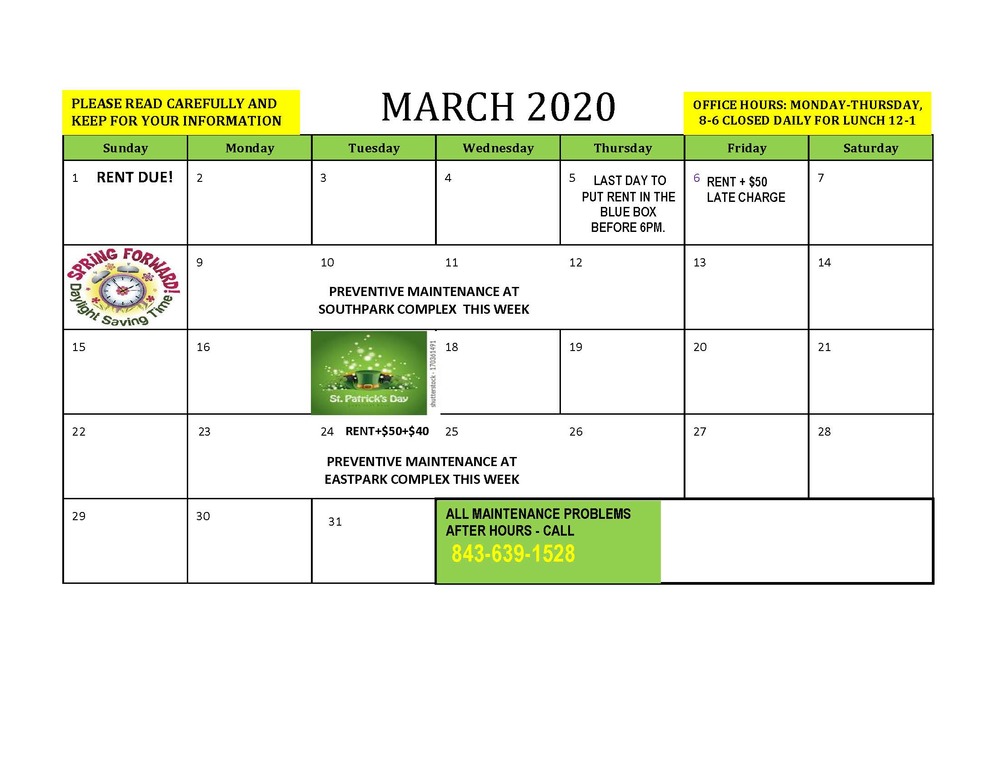 March 2020 RESIDENT CALENDAR - all dates listed below