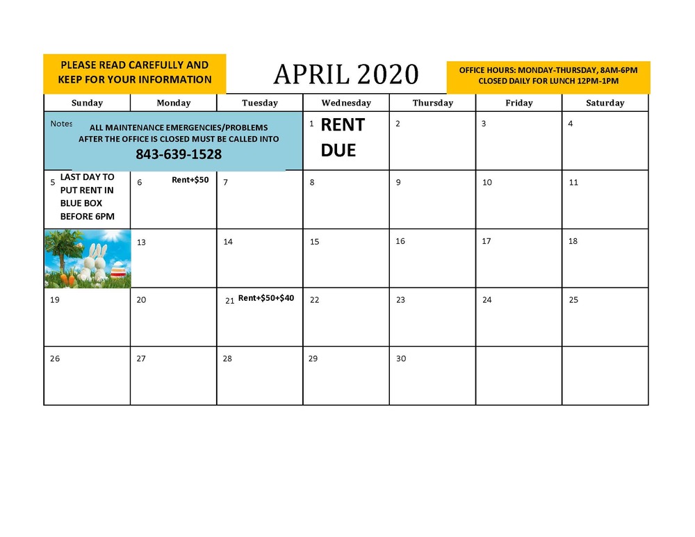HAHASC April 2020 Resident Calendar - all information provided below