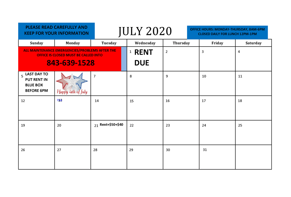July 2020 Resident calendar - all info listed as text