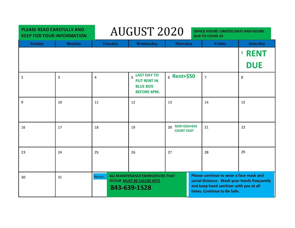 2020 August RESIDENT CALENDAR - all information listed below