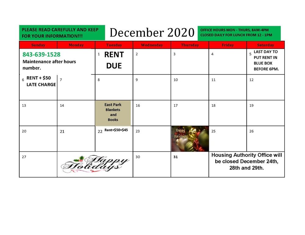December 2020 Resident Calendar (11/30/2020) What's New Hartsville