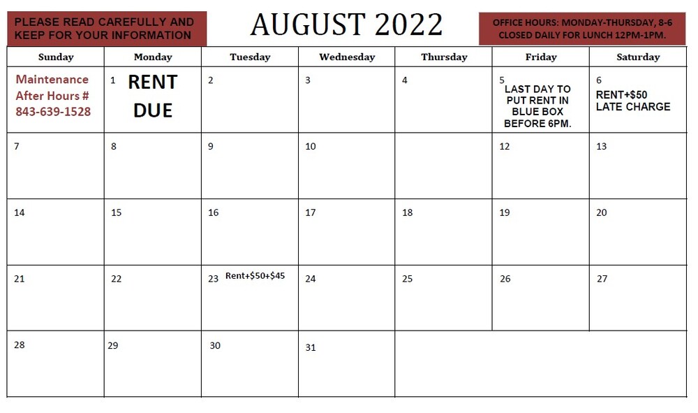  August 2022 Resident Calendar. All content as listed above.