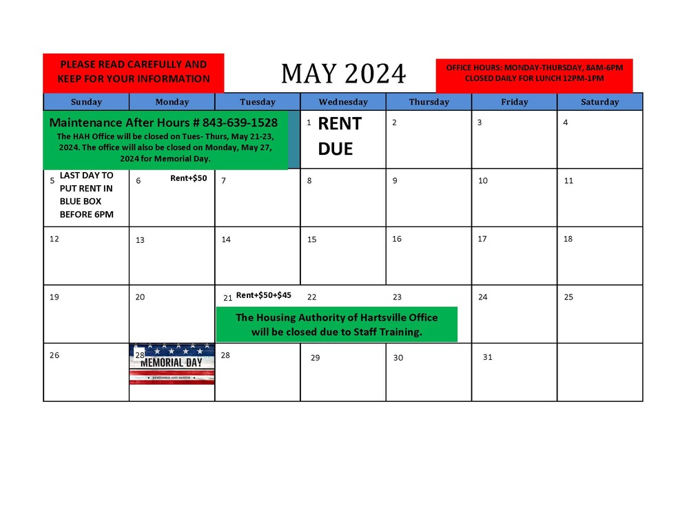May 2024 Monthly Calendar. All information on Calendar is listed above.