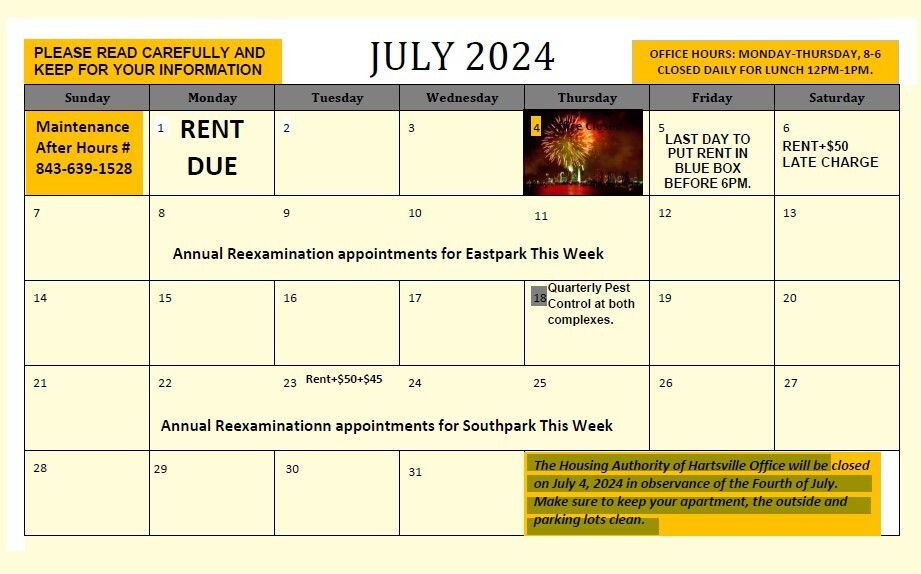 July 2024 Monthly Calendar. All information on Calendar is listed above.