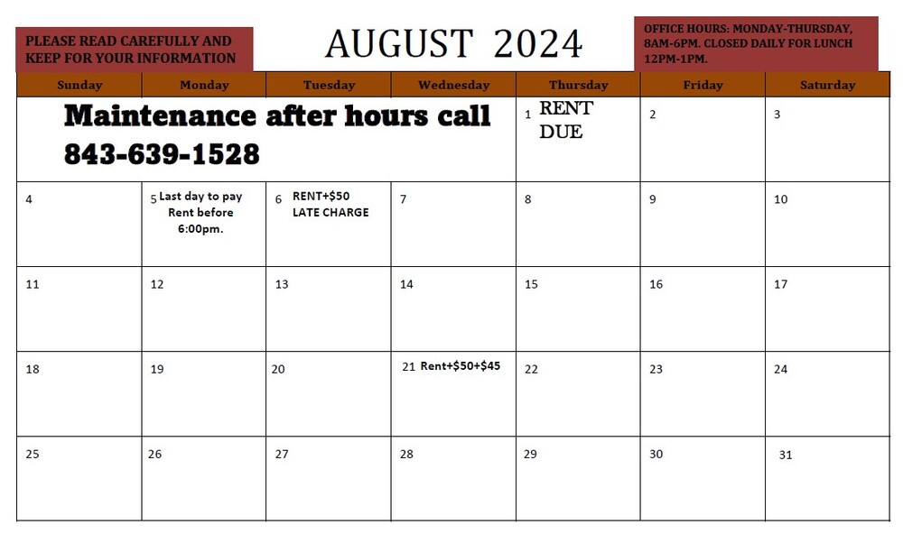 August 2024 Monthly Calendar. All information on Calendar is listed above.