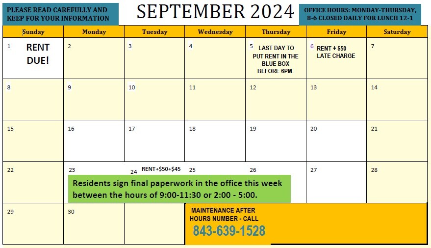 September 2024 Monthly Calendar. All information on Calendar is listed above.