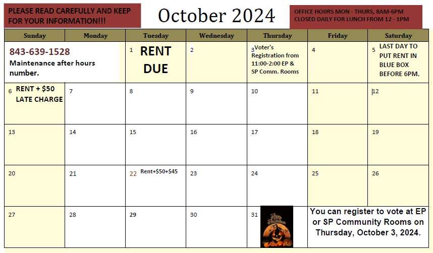 October 2024 Resident Calendar.