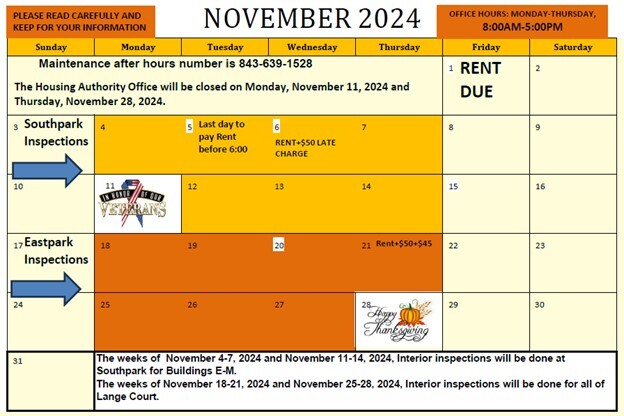 November 2024 Monthly Calendar. All information on this calendar is listed above.