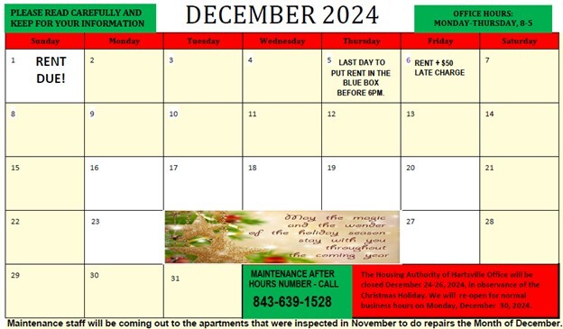 HAHASC December 2024 Monthly Calendar. All information on this calendar is listed above.