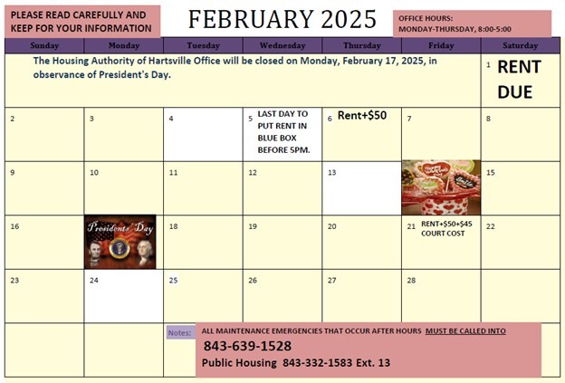 February 2025 Monthly Calendar. All information on this flyer is listed above.