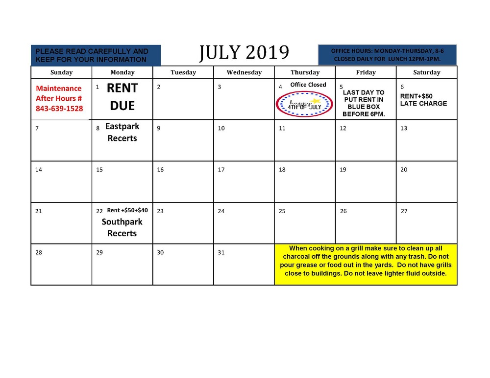 2019 July RESIDENT CALENDAR